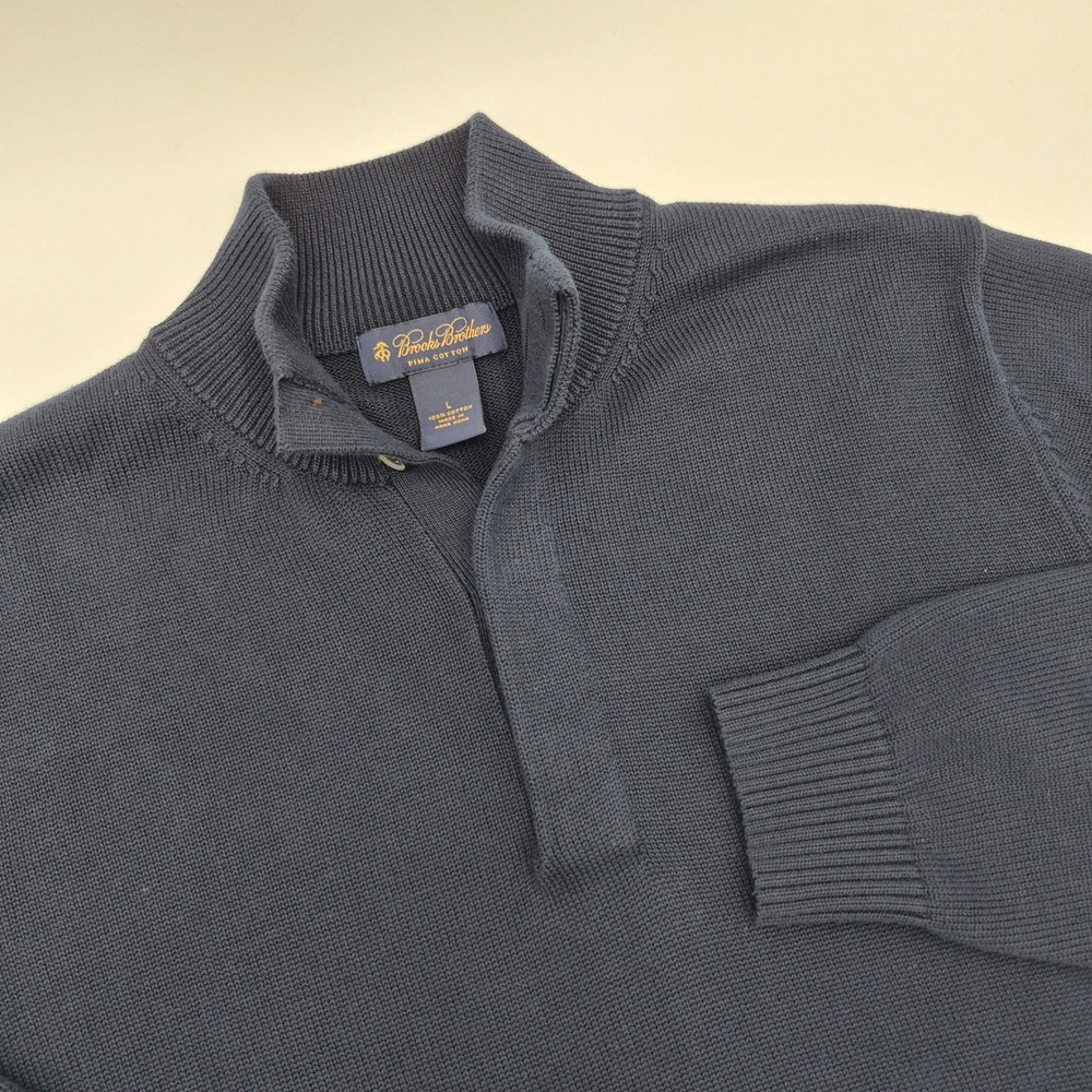 Brooks Brothers Mens Pima Cotton Navy Blue Quarter Button Mock Neck Sweater L